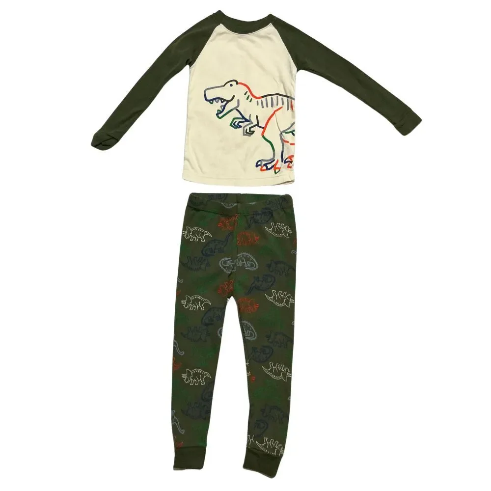 Toddler Dinosaur Pajamas 3T Cotton Snug Fit Set Raglan Top Pants Green Cream